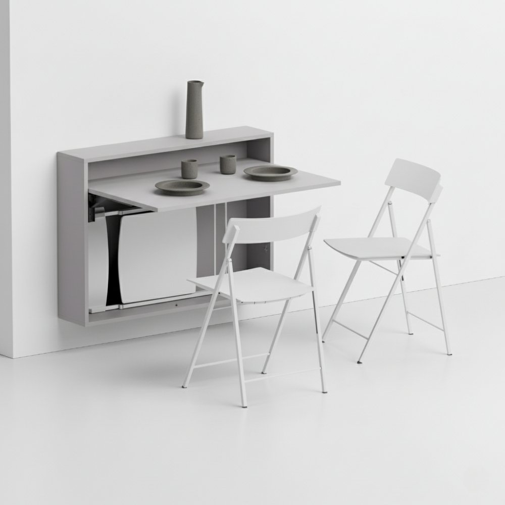 Table/bureau mural pliant BUREAU gris tourterelle avec 3 chaises ZETA blanches incluses